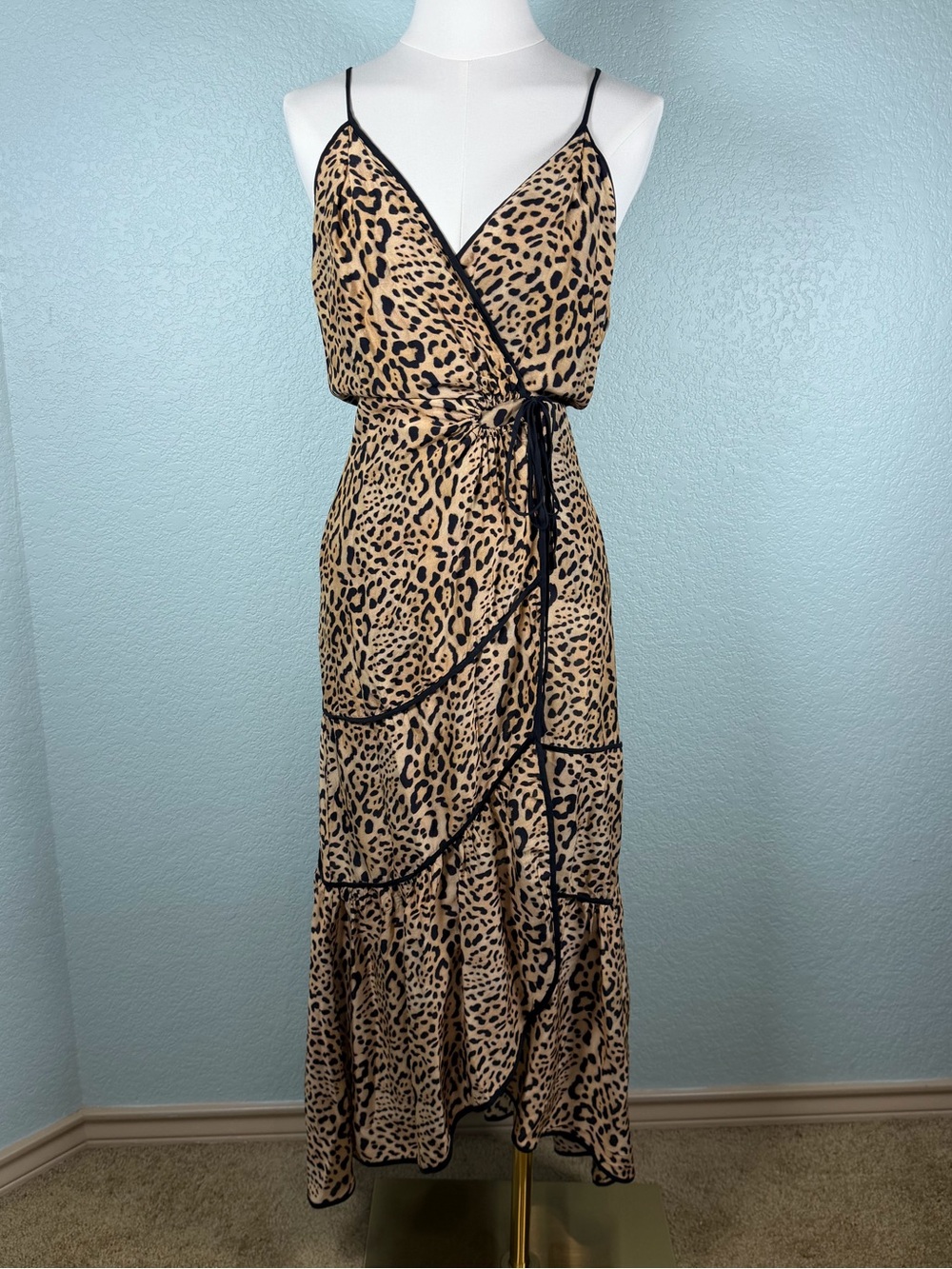Vintage Vix Paula Hermanny Leopard Print Ruffle Wrap Midi Dress with Tie Waist